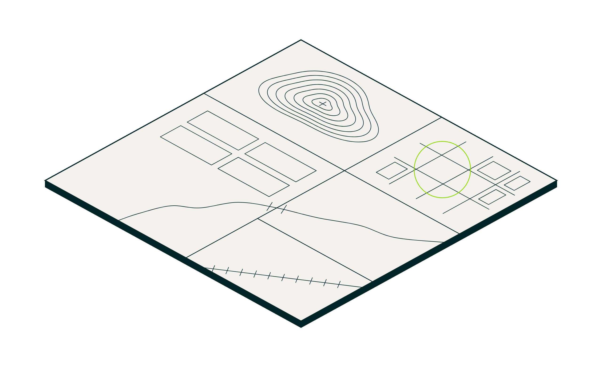 One survey sheet carrying the physical world — hills, farmland, a street grid, a river, and a rail line — with a lime lens resting over an ordinary city block